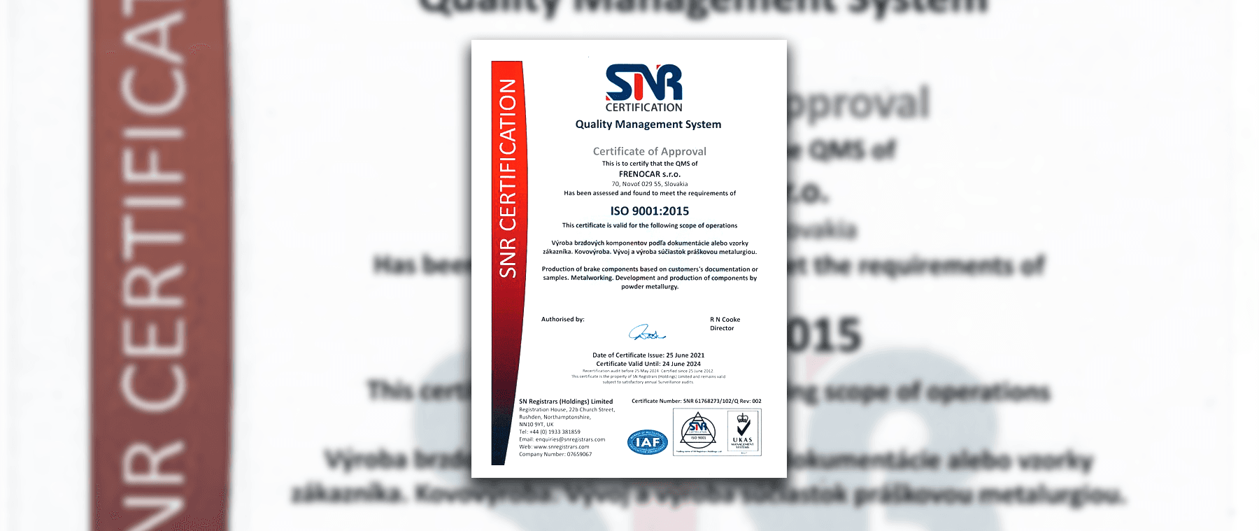 ISO certificate — Frenocar, s.r.o.